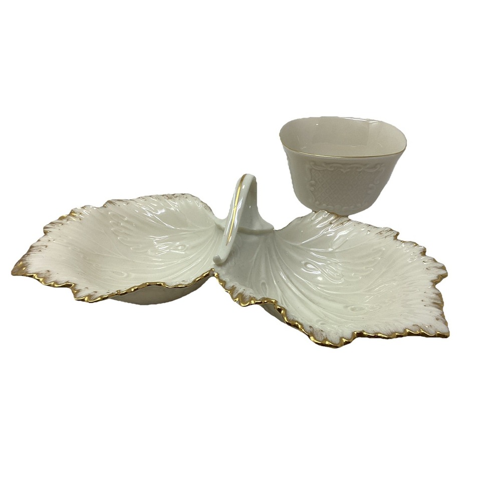 Lenox Double Leaf Candy/Nut Dish W/Handle & Sm Canterbury Bowl 24kt  Gold Gilded